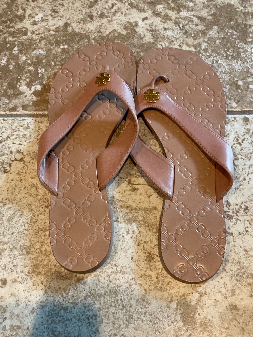 Tory Burch Blush Leather Logo Flip Flop Sandals with Gold Logo